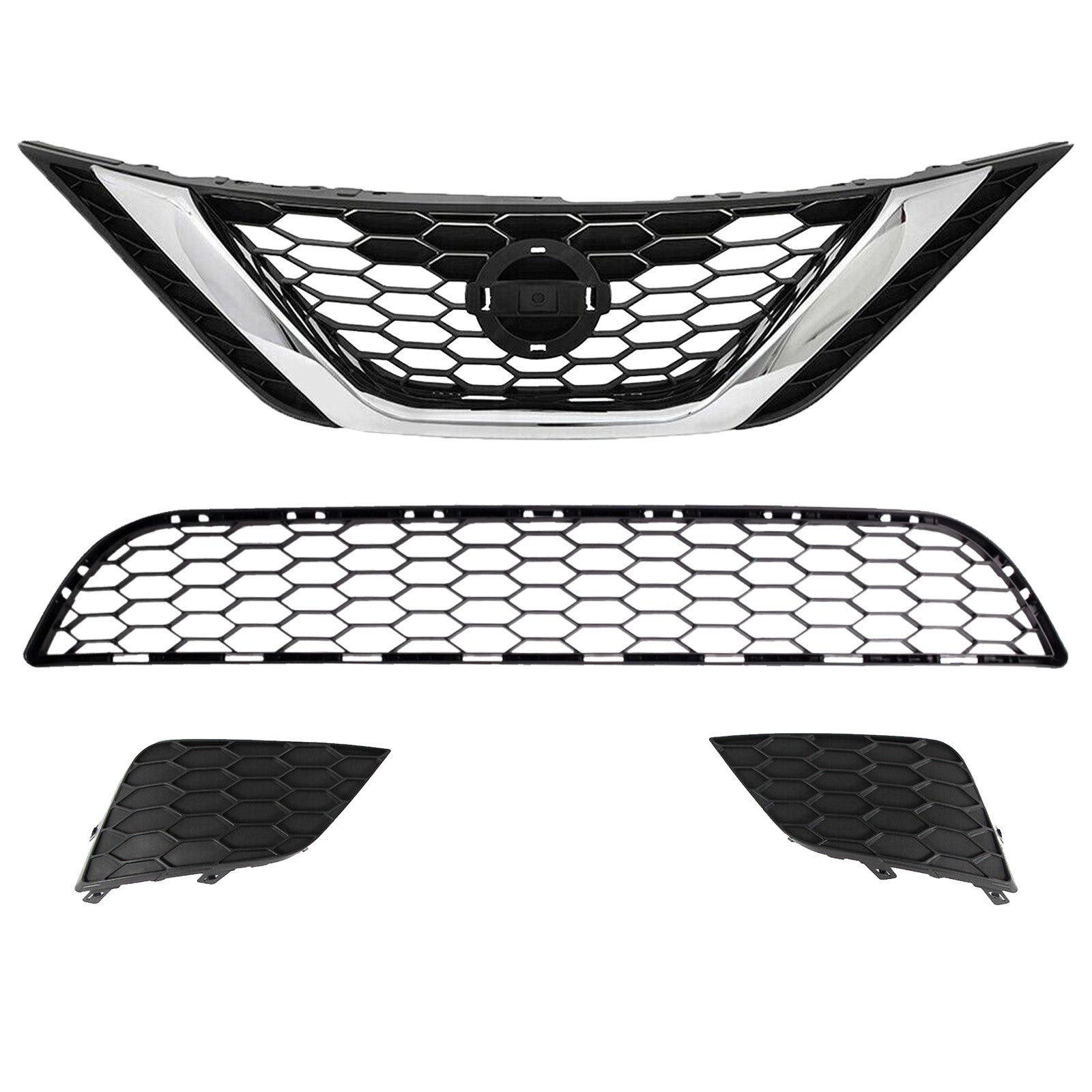 For 2016 2017 2018 2019 Nissan Sentra Front Upper Lower Grilles and Fog Bezels Covers Set