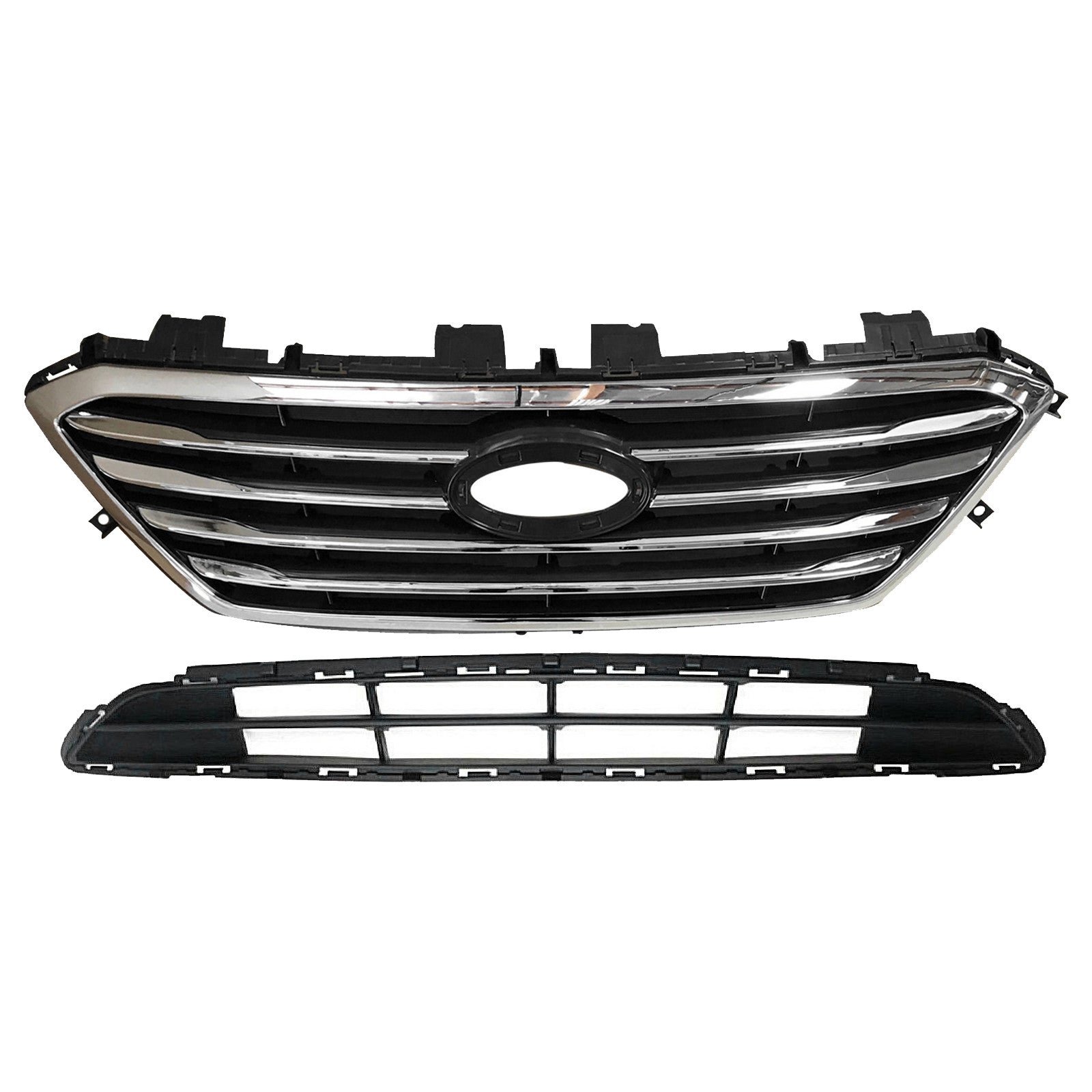 2015 2016 2017 Hyundai Sonata Front Upper Lower Bumper Grilles with Chrome Trim 2pc