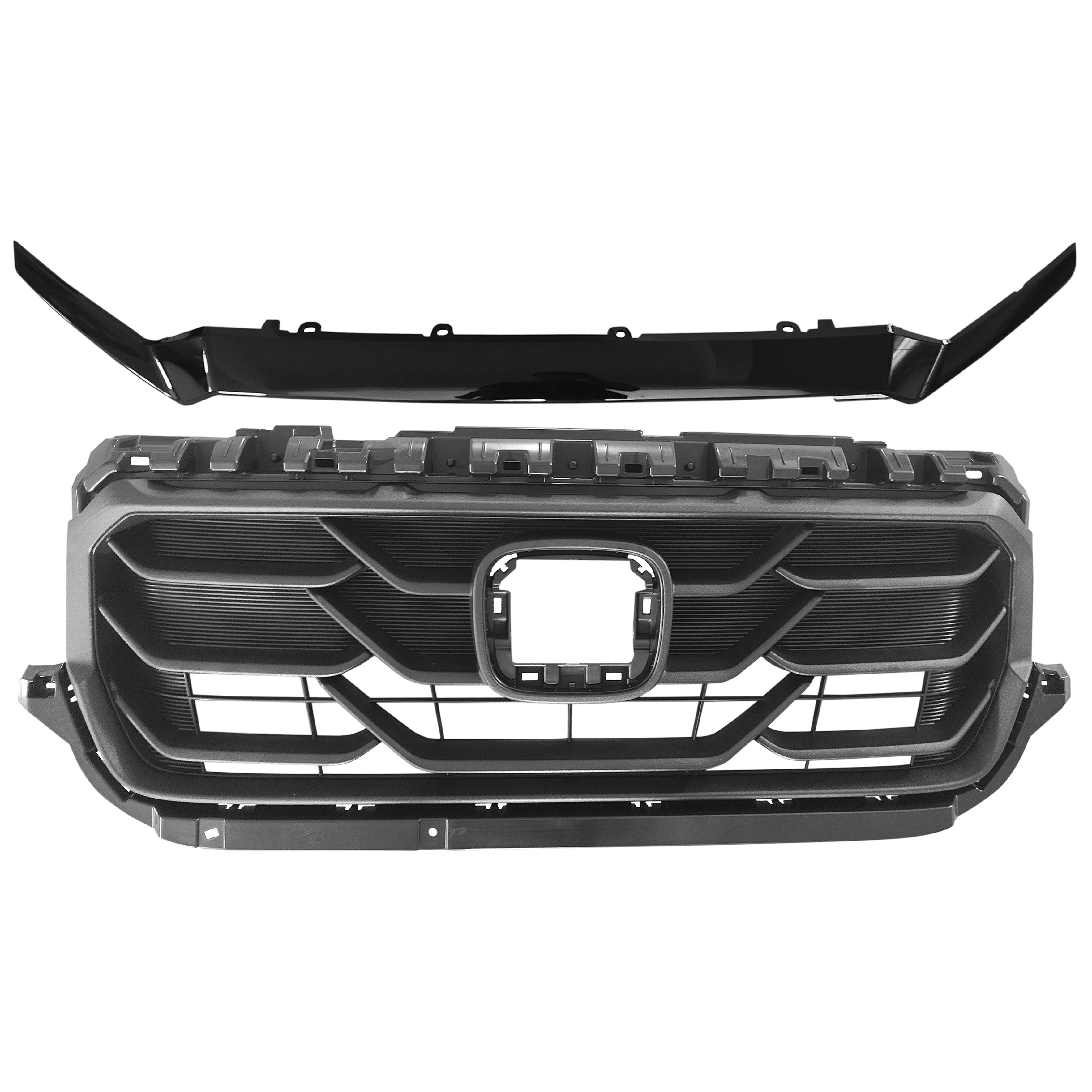 For 2021 2022 2023 2024 Honda Ridgeline Passport Front Upper Grille with Trim Grill Black Finish 2Pcs