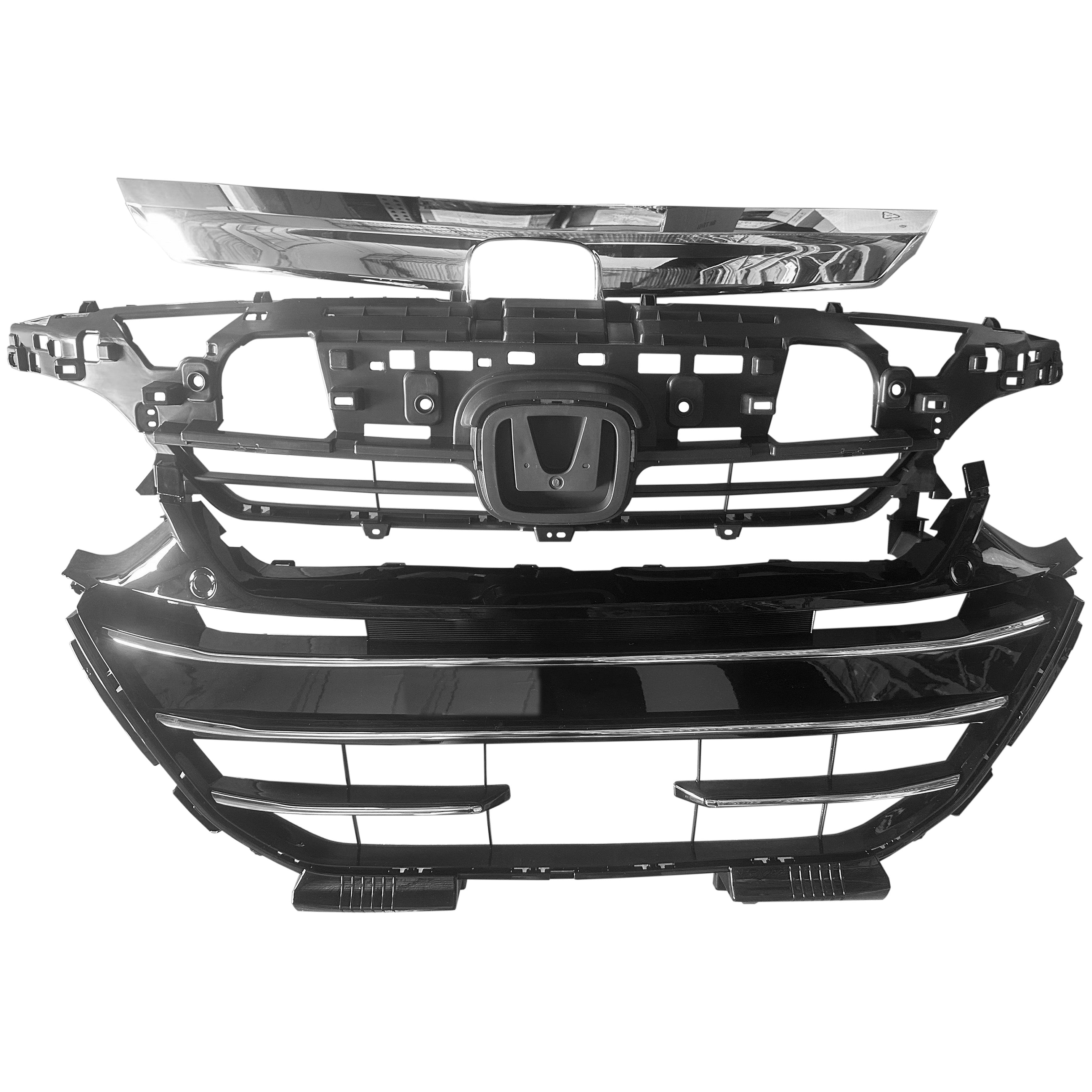 For 2021 2022 Honda Accord Front Bumper Upper Lower Grille Grill Black & Chrome Trim Set