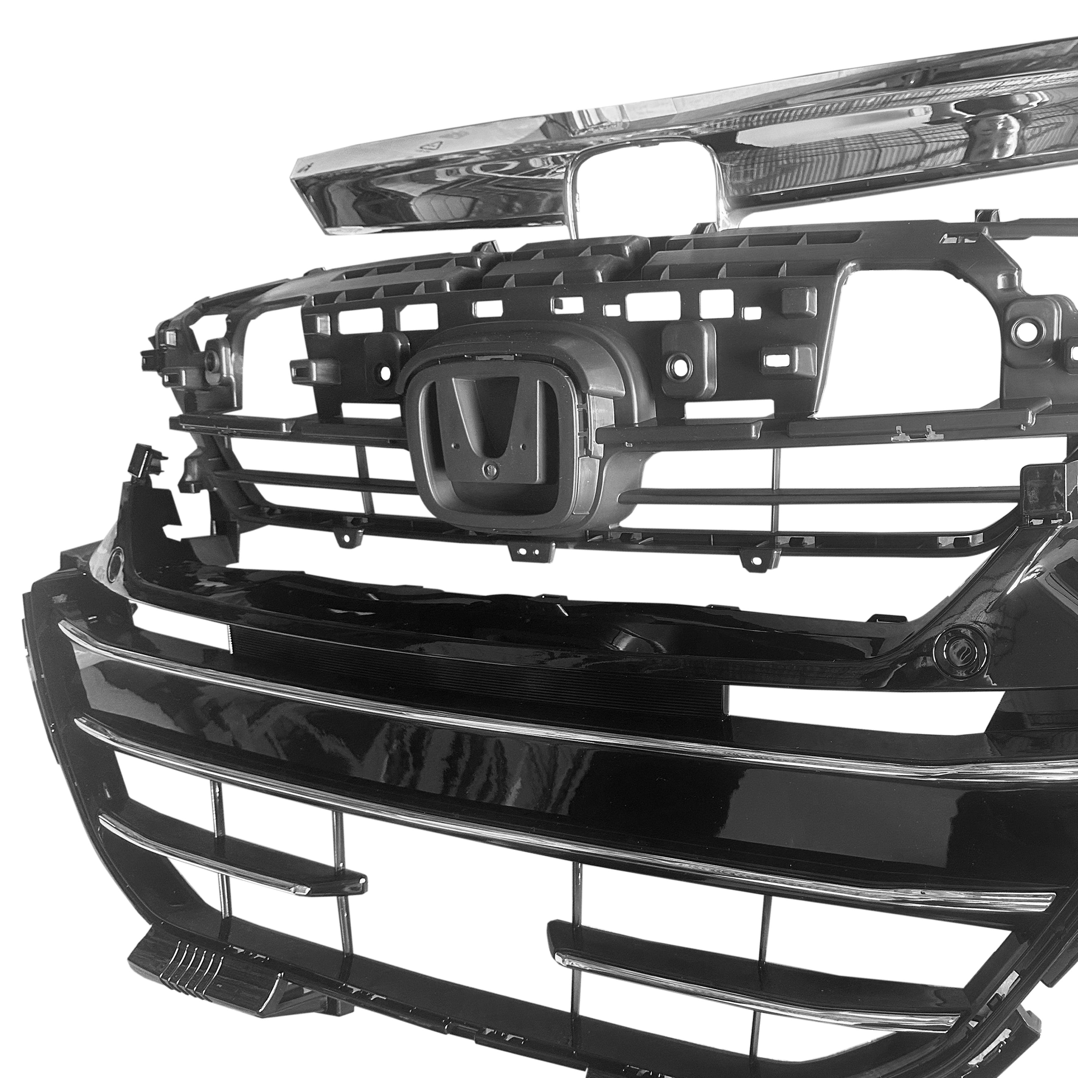 For 2021 2022 Honda Accord Front Bumper Upper Lower Grille Grill Black & Chrome Trim Set