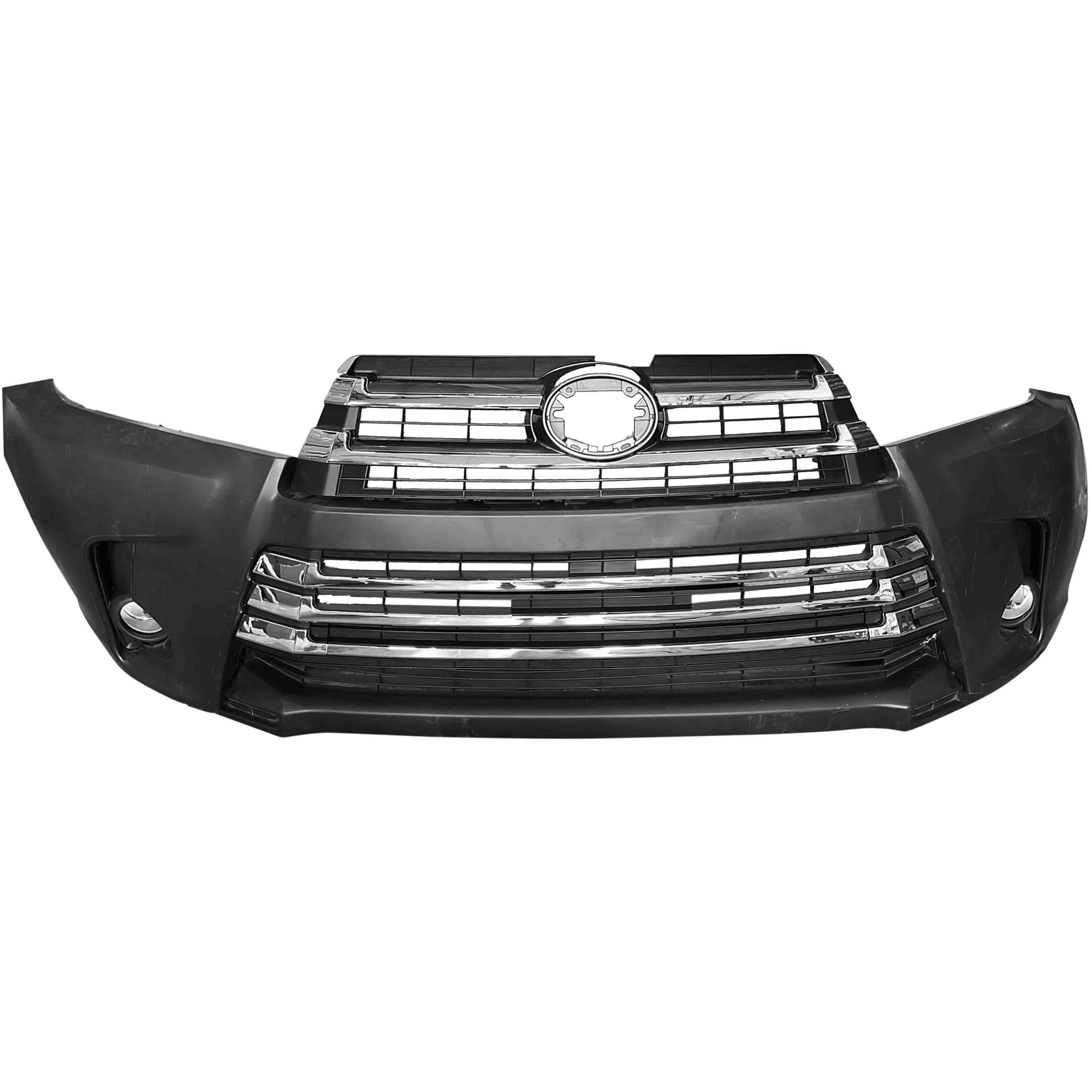 For 2017 2018 2019 Toyota Highlander Front Bumper Cover Fascia with Upper Lower Grille Grill Assembly Set