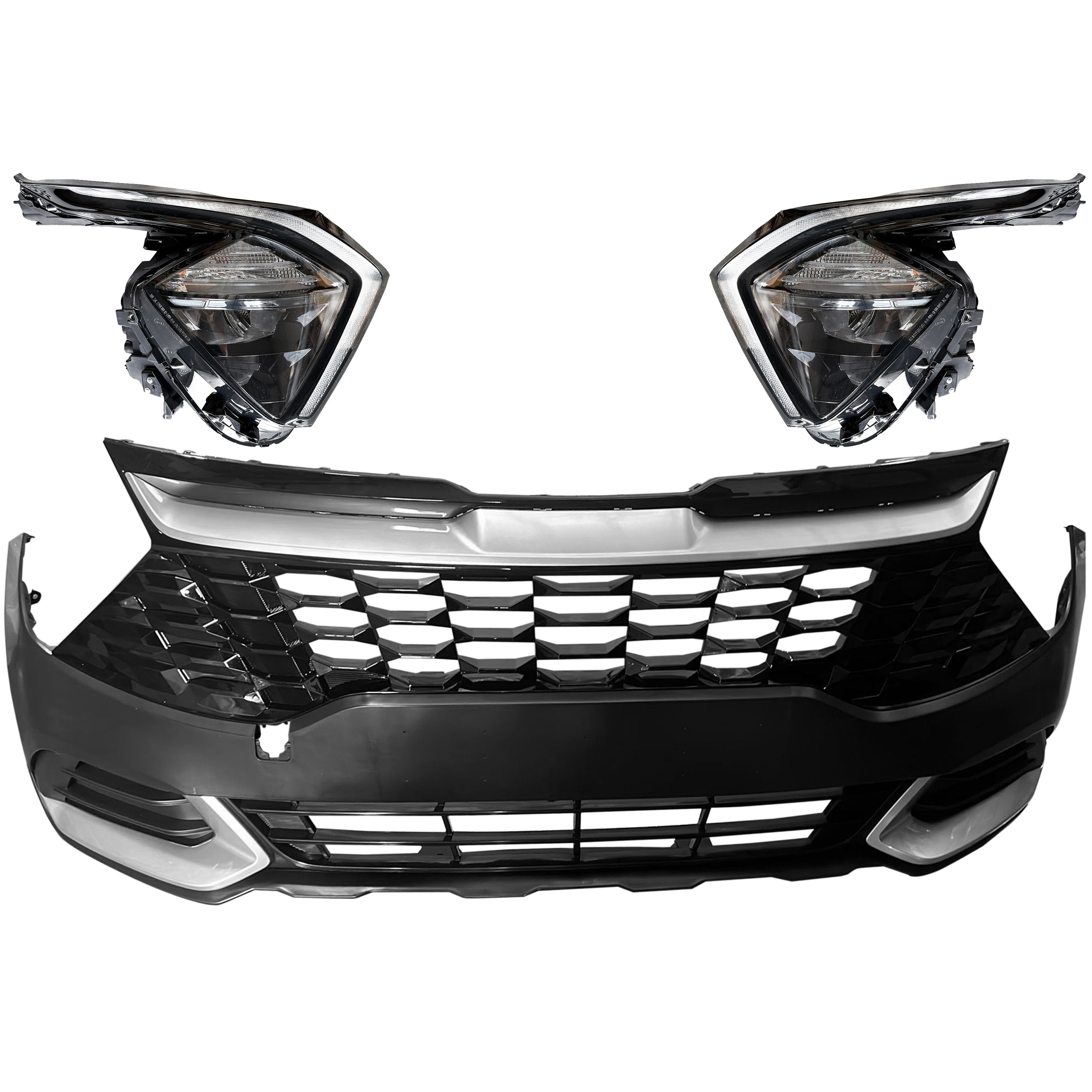 For 2023 2024 2025 Kia Sportage SX EX LX Front Bumper with Upper Lower Grille Fog Cover & Front Headlight LED Driver Passenger Side Set Pair Assembly Set