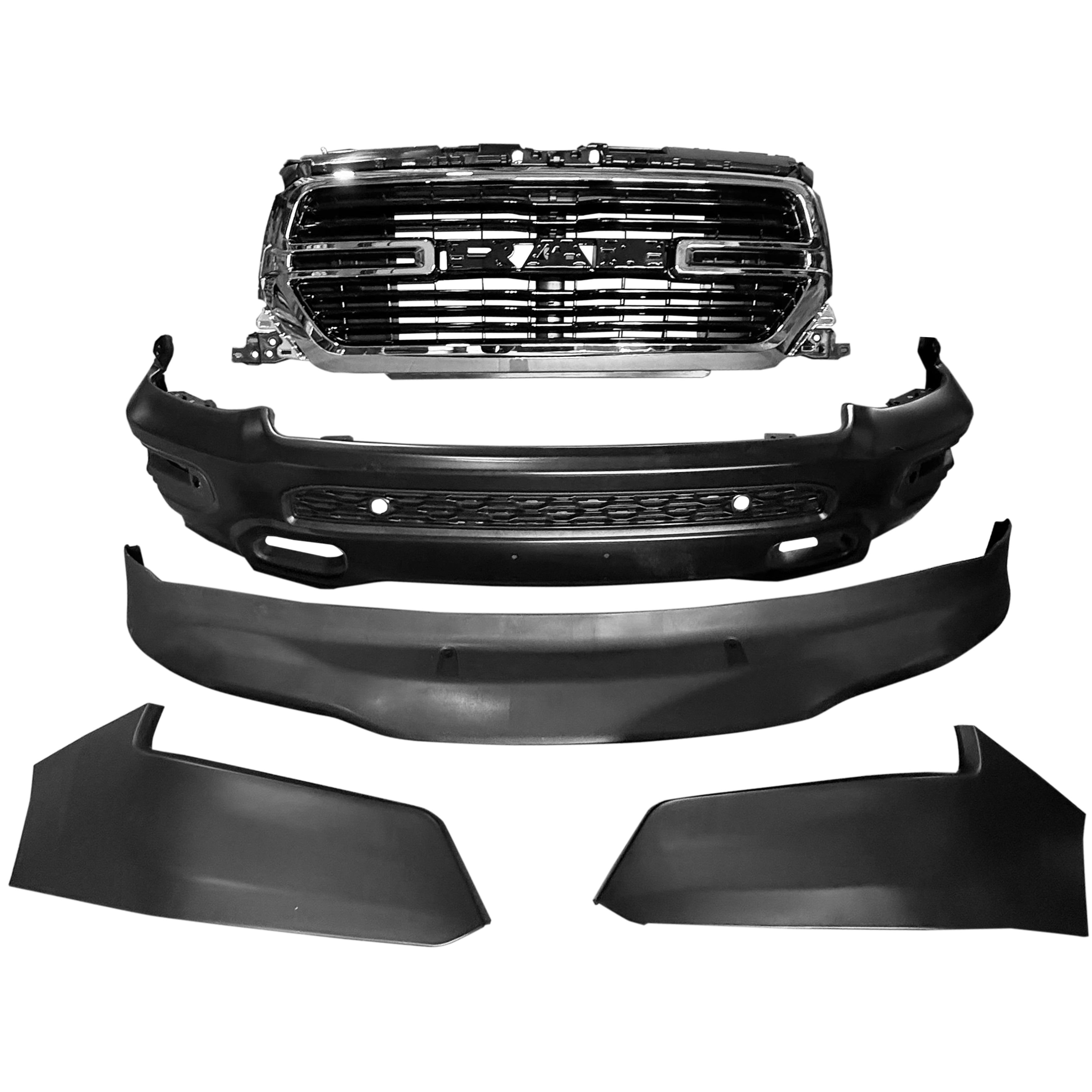 For 2019 2020 2021 2022 2023 2024 Dodge Ram 1500 Front Bumper with Dark Chrome Grilles Sensor Holes Assembly Set