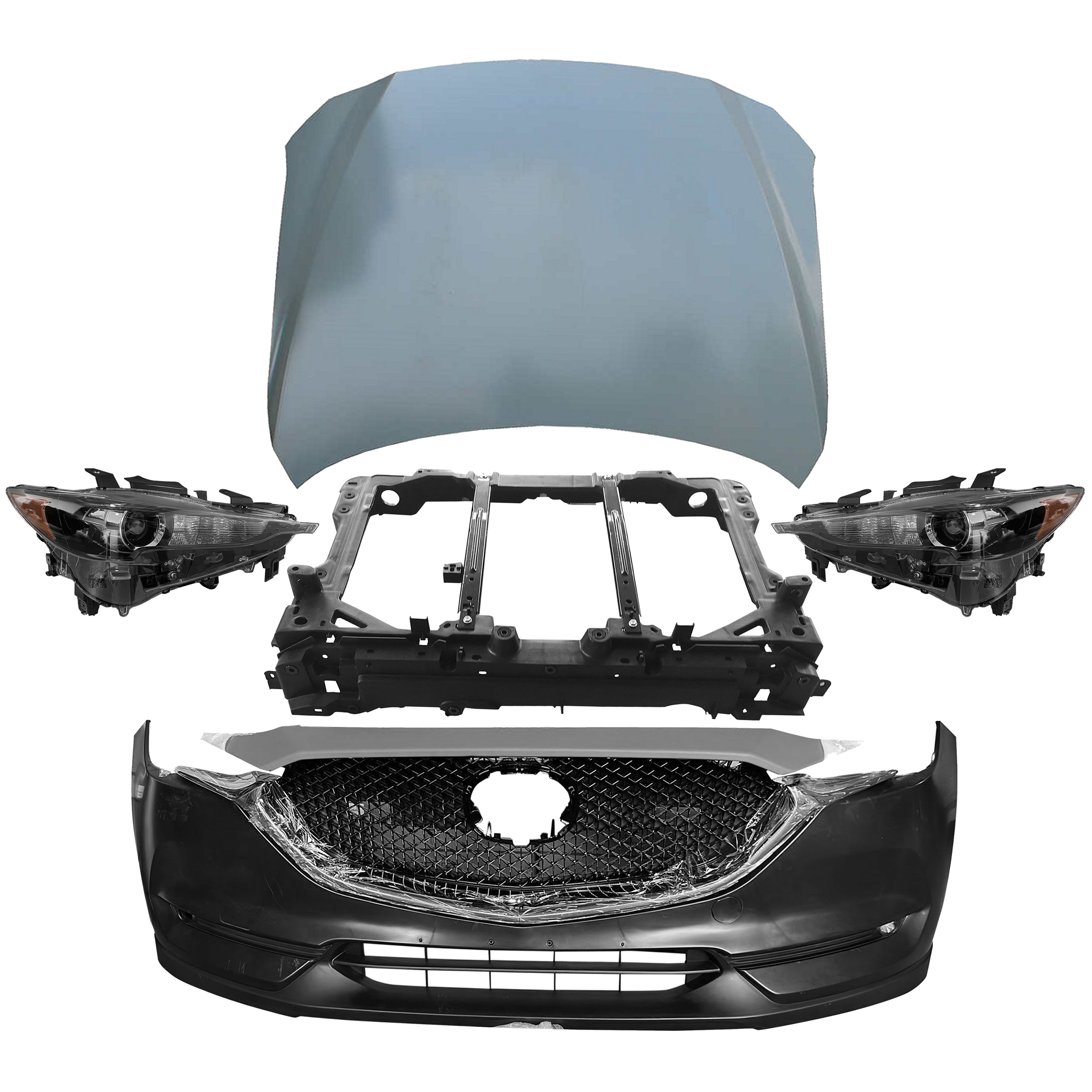 For 2017 2018 2019 2020 2021 2022 Mazda CX-5 CX5 Front Bumper with Grilles Molding Trims, Headlights, Radiator Support & Hood Assembly Set