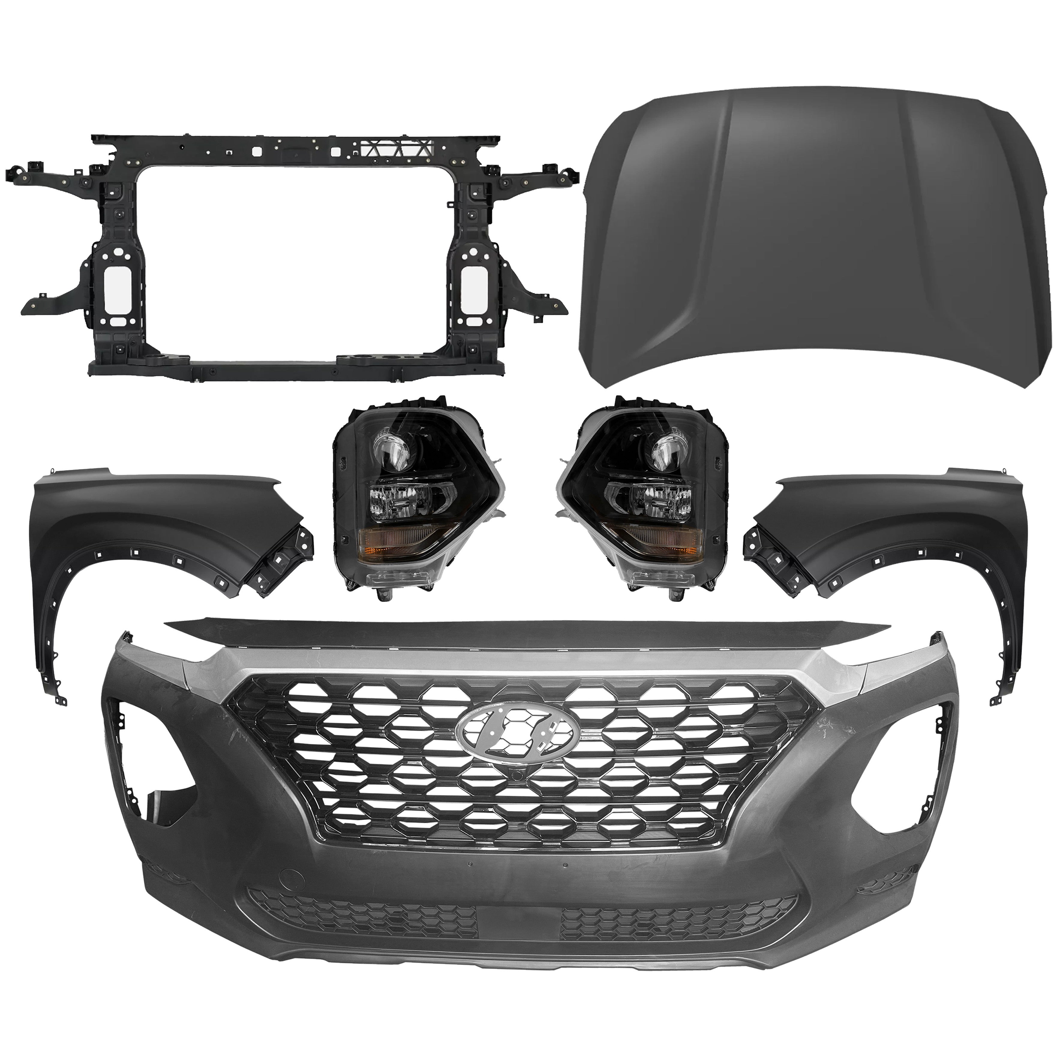 For 2019 2020 2021 Hyundai Santa Fe Front Complete Bumper Grille Cover, Headlights, Radiator Support, Hood and Fender Assembly Set