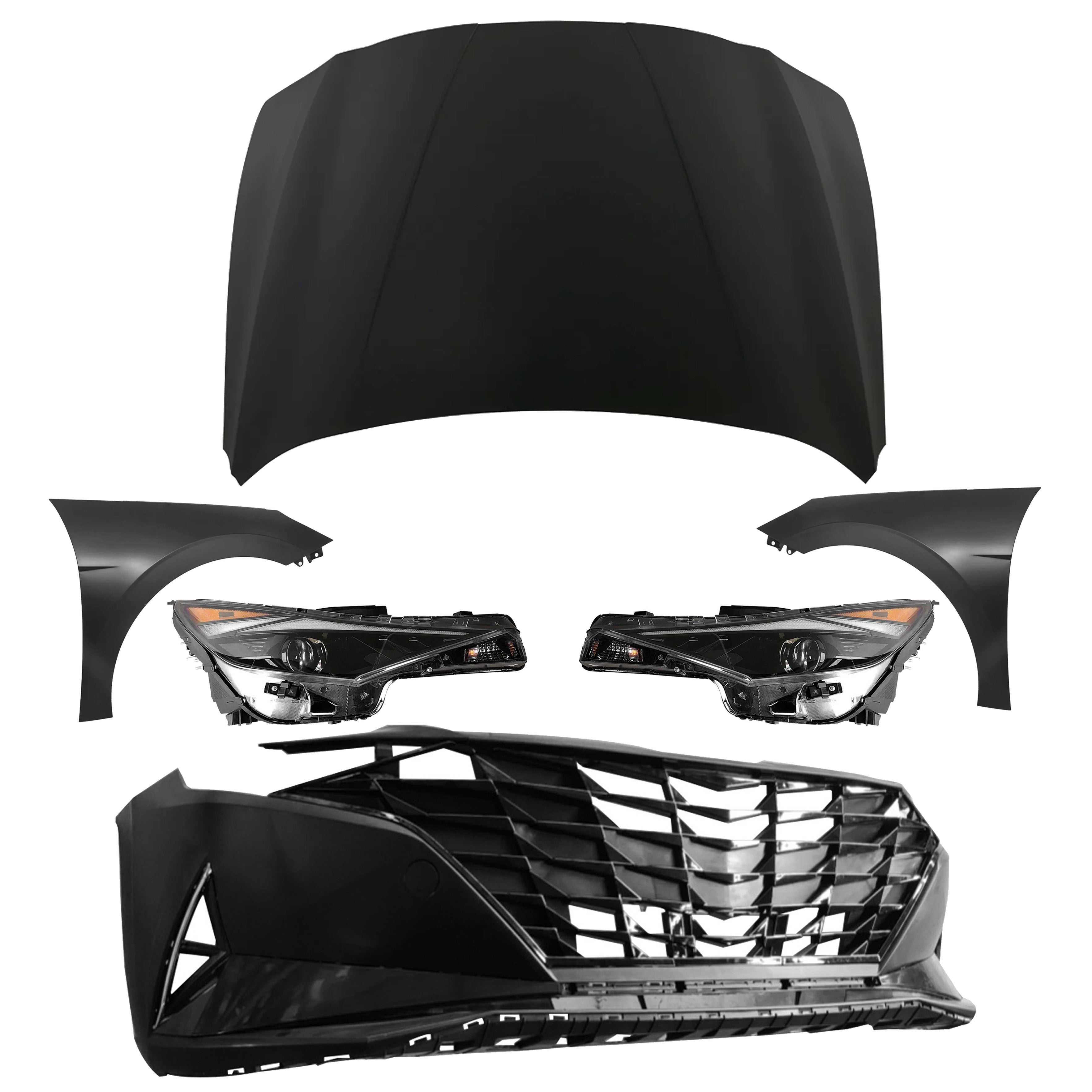 For 2021 2022 Hyundai Elantra Front Bumper Grille Cover, Headlights, Fender and Hood Assembly Set