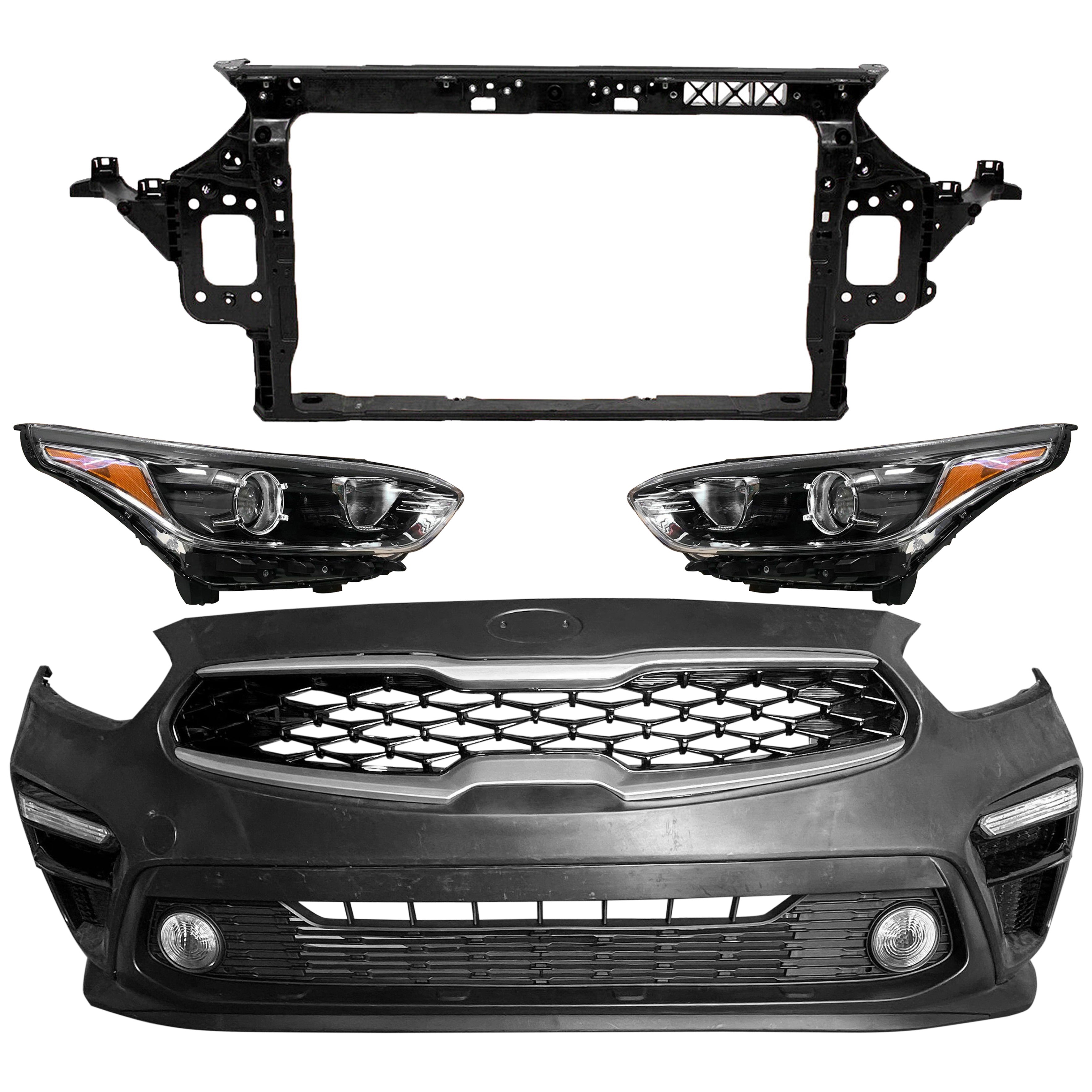 For 2019 2020 2021 Kia Forte Front Bumper Cover Grill with Fog Signal Light, Headlight and Radiator Support Assembly Set