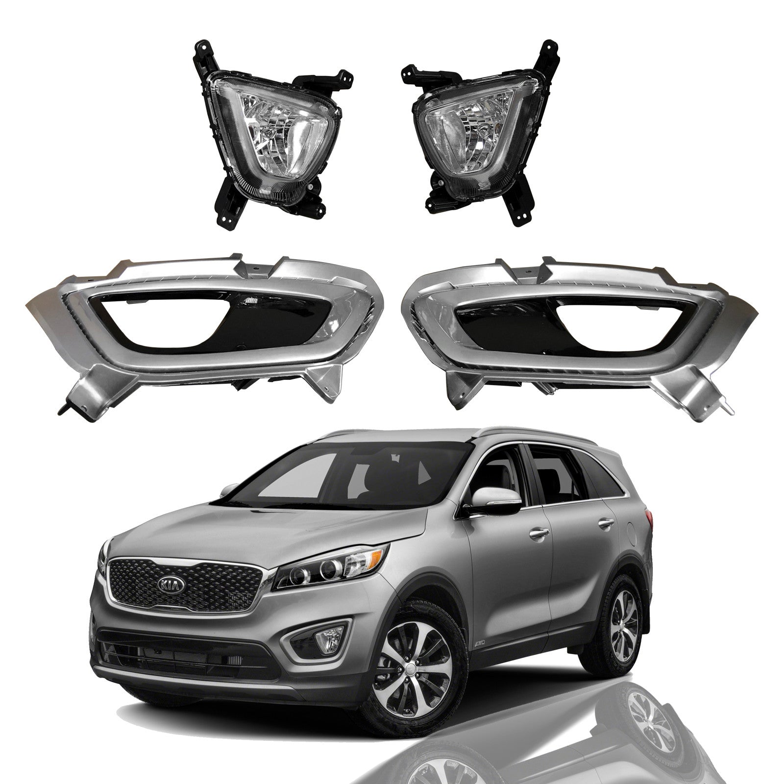 For 2016 2017 2018 Kia Sorento Fog Lamp Daytime Driving Light Assembly with Covers Bezels Set 4pcs Damaged