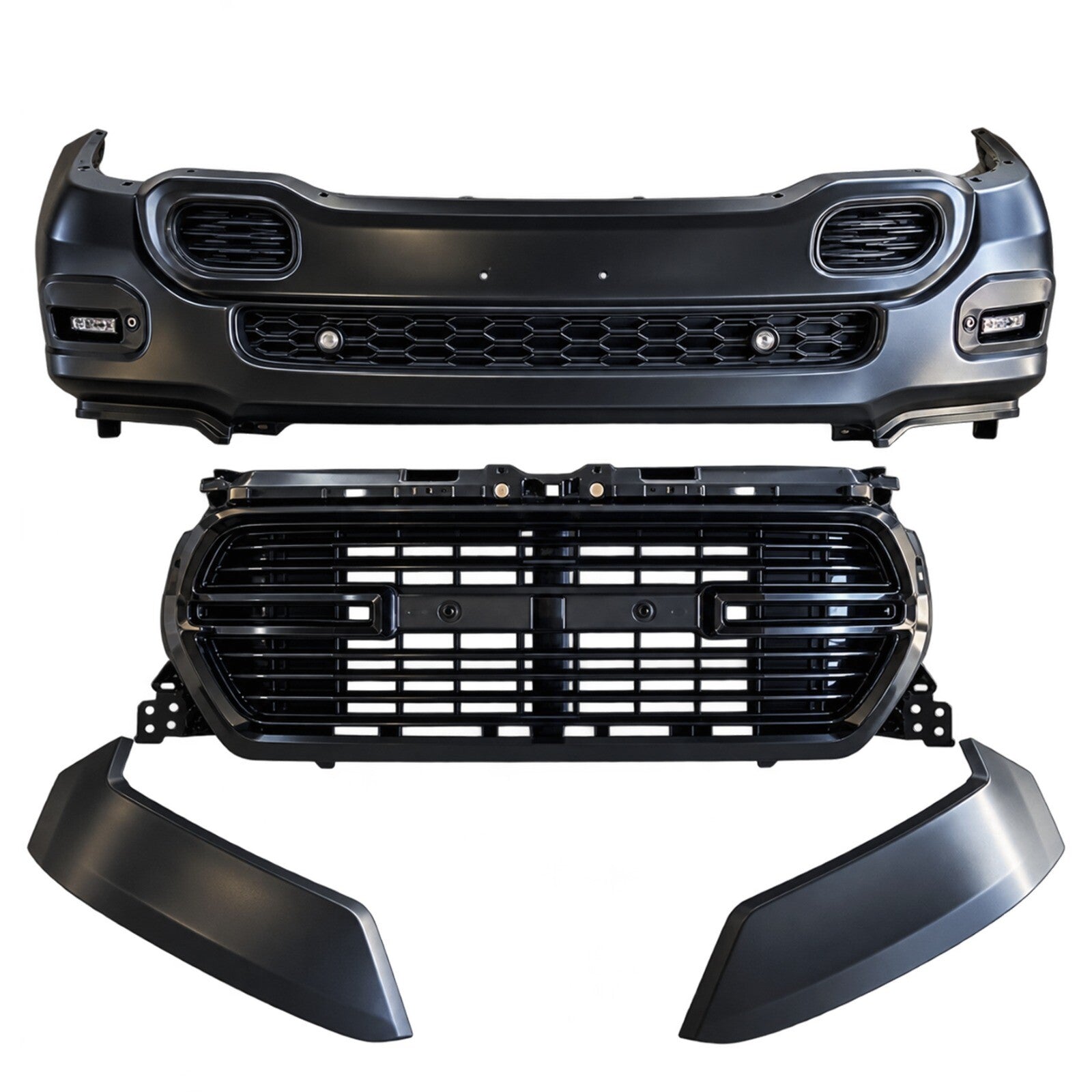 For 2019 2020 2021 2022 2023 2024 Dodge Ram 1500 Front Bumper Cover Set Assembly w/ Glossy Black Grille w/ Sensor Holes