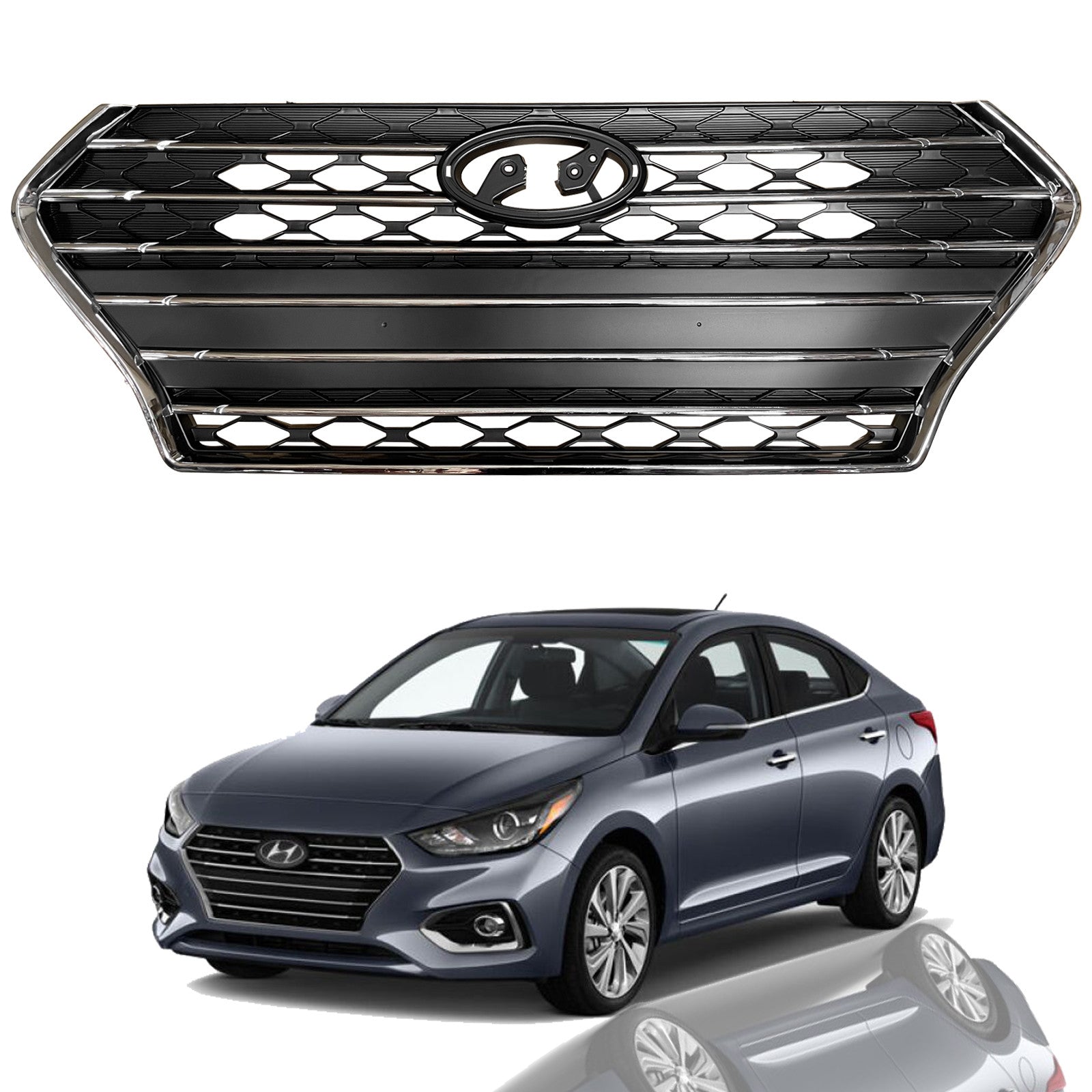 For 2018 2019 2020 2021 2022 Hyundai Accent Front Bumper Radiator Grille Assembly with Chrome Trim